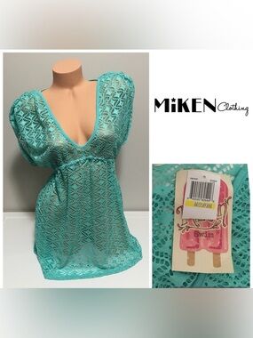 🆕MIKEN SWIM - M - NWT - AQUA BLUE LACE CROCHET COVER UP / KAFTAN TUNIC